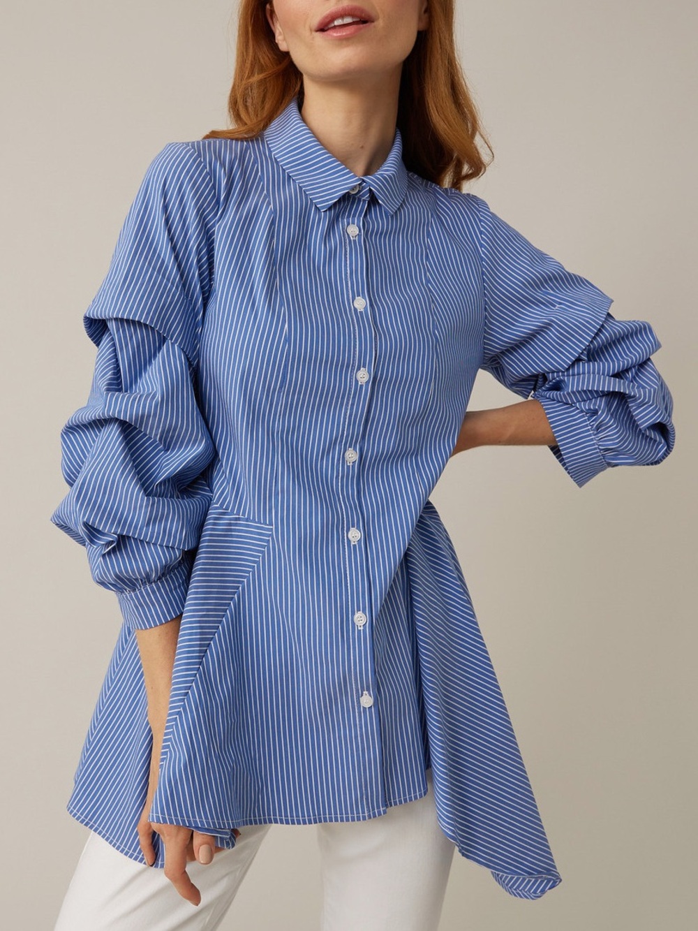 Joseph Ribkoff Blue White Stripe Asymmetric Ruffle Blouse 221304 Size 16